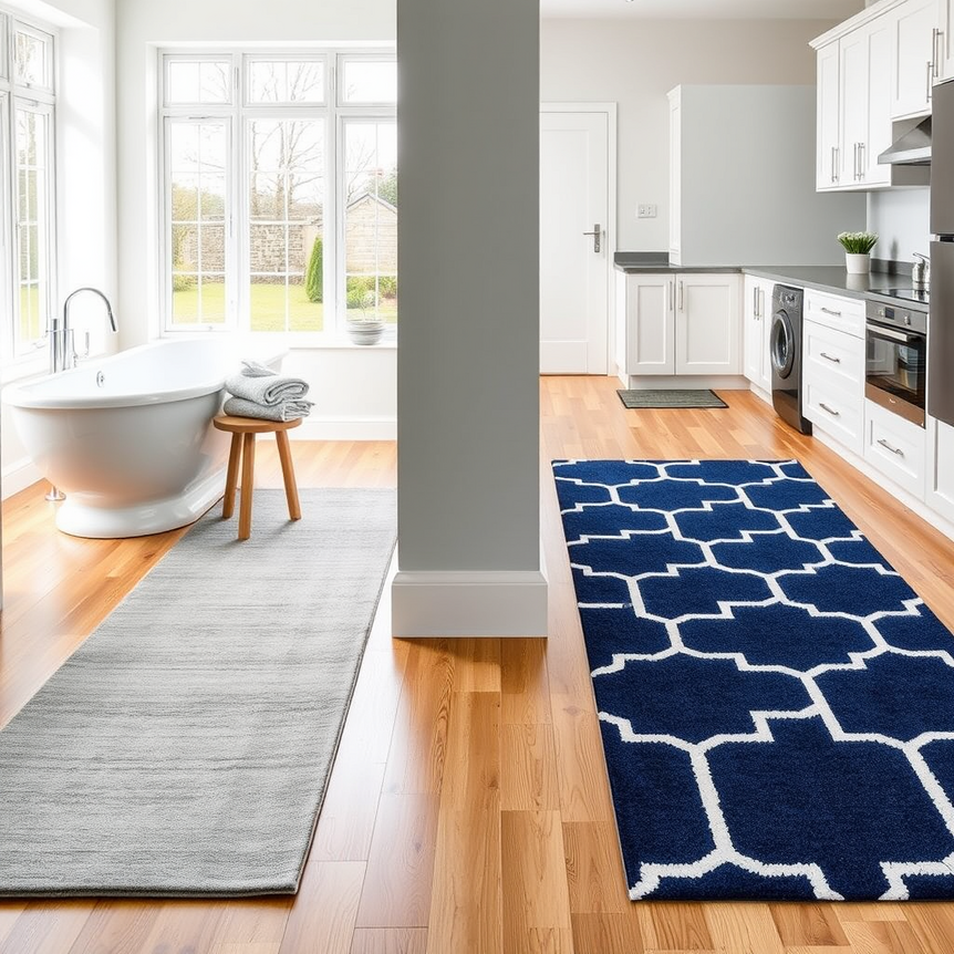 Modern UK bathroom and kitchen with waterproof runners on floors showing style and water resistance