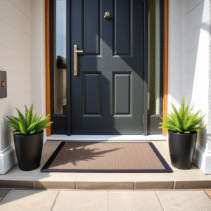 Stylish designer doormat at the welcoming entryway of a modern UK home with potted plants.