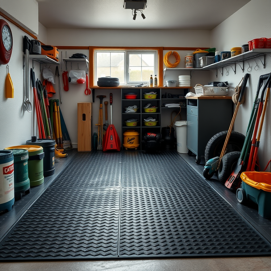 tidy uk garage with durable rubber mats on the floor and natural light