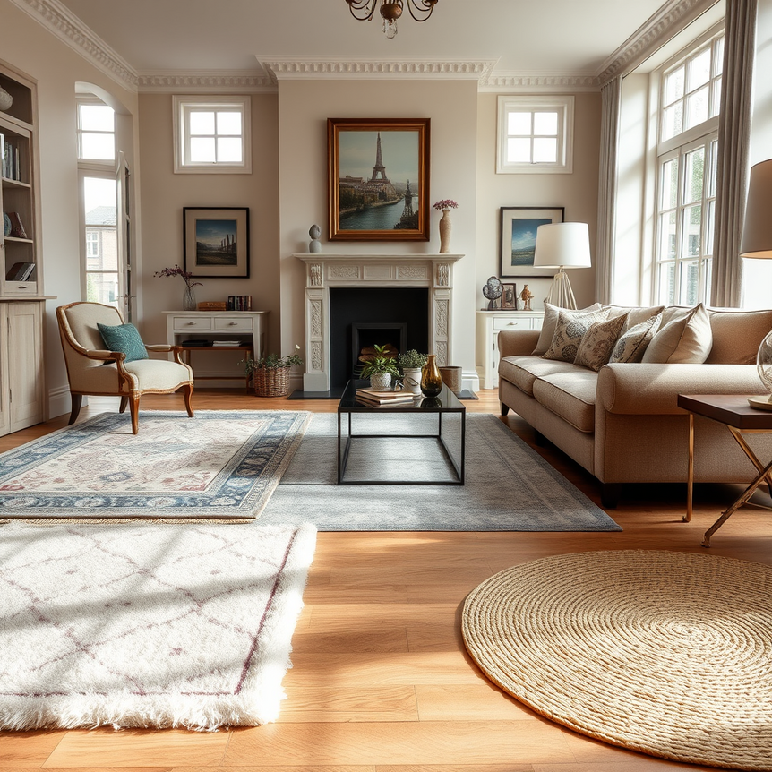 cozy uk home interior with stylish varied rugs and elegant furnishings
