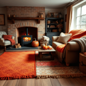 cozy traditional uk living room with layered autumn rugs and seasonal decor