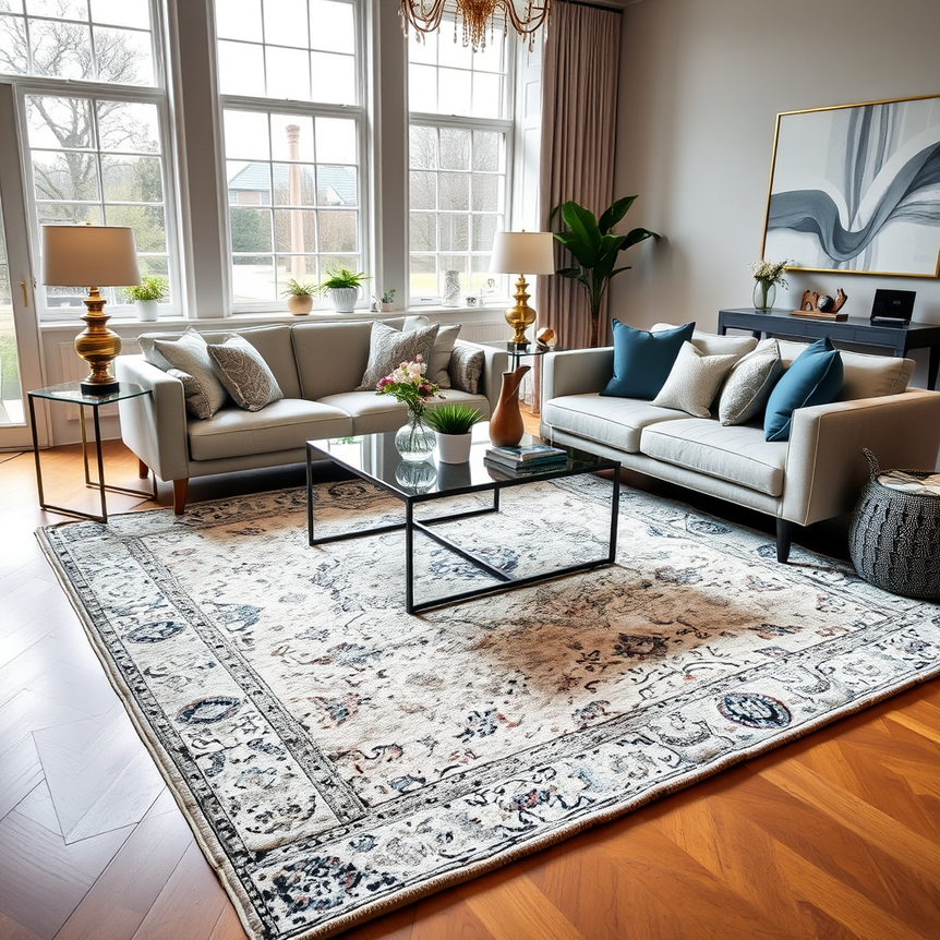 stylish UK living room with a complementary rug and modern furniture