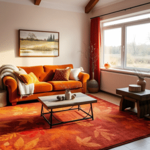 cozy uk living room with autumn winter rugs and warm nature-inspired decor