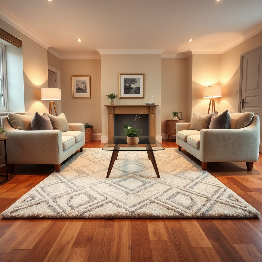 elegant uk living room with wool rug, cozy chairs, coffee table, warm lighting