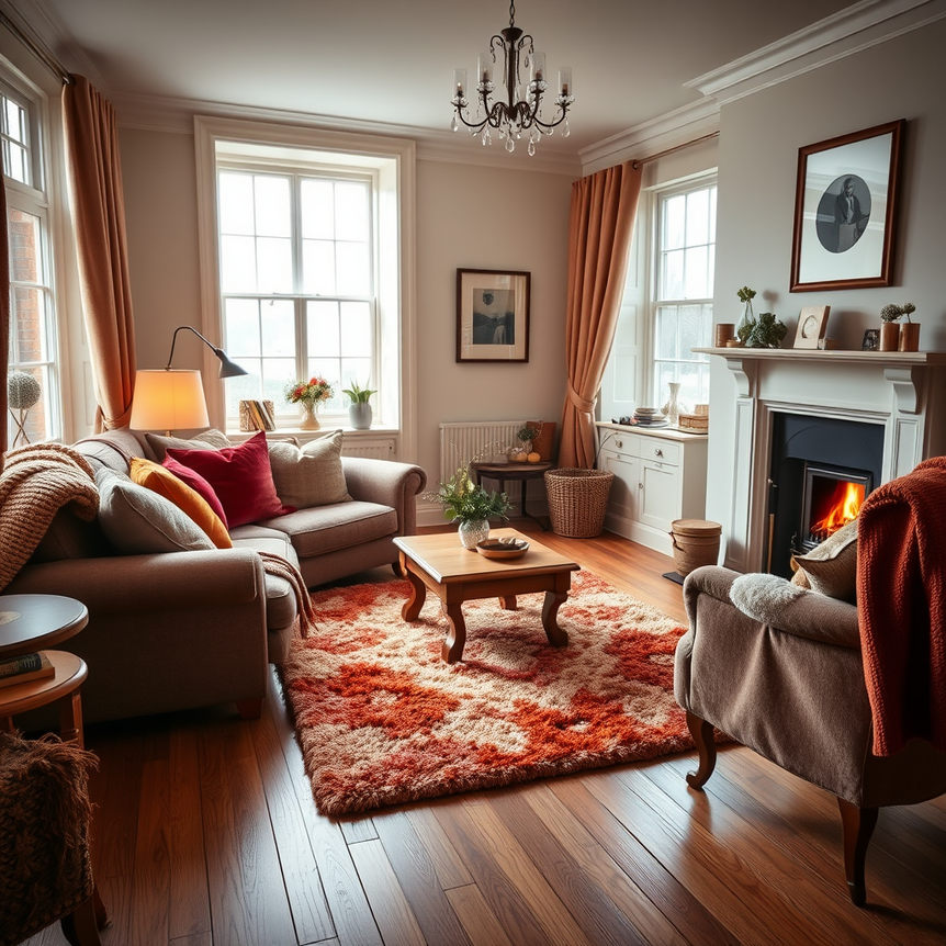 cozy uk living room with warm winter rugs and plush textures in natural light