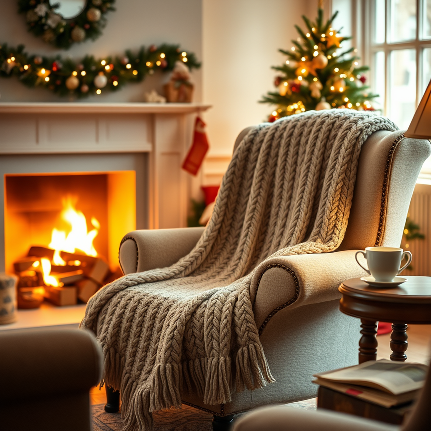 A cozy heavyweight blanket draped over an armchair in a warm British living room decorated for Christmas.