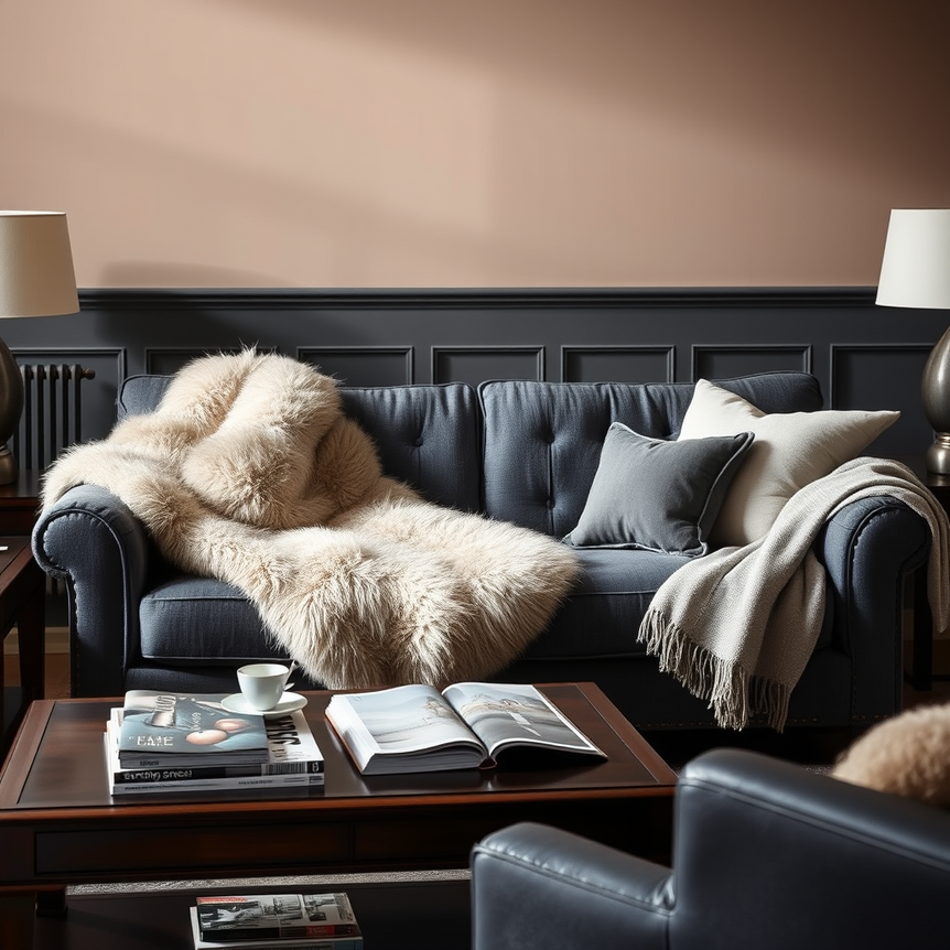 Faux fur throw elegantly draped over a sofa in a warm, luxurious British living room with dark wood furniture.