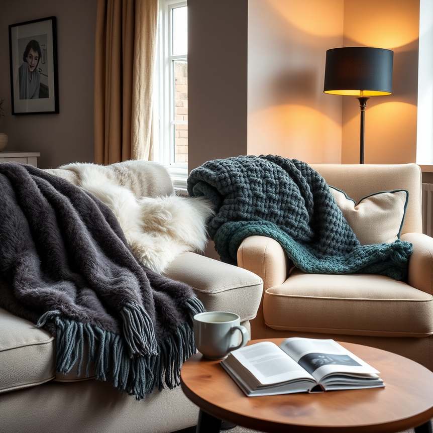 Cozy UK living room with stylish blankets on a sofa and armchair, warm mug, and ambient lighting.