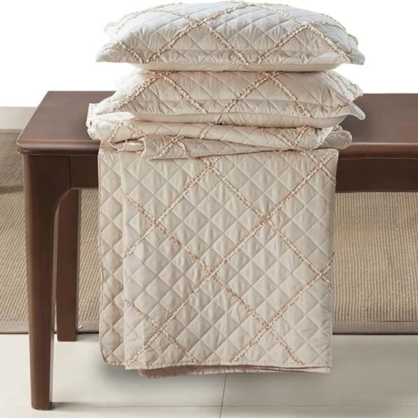 Beige – Lightweight Beige Embossed Quilted Ruffle Bedspread Comforter with Pillow Case