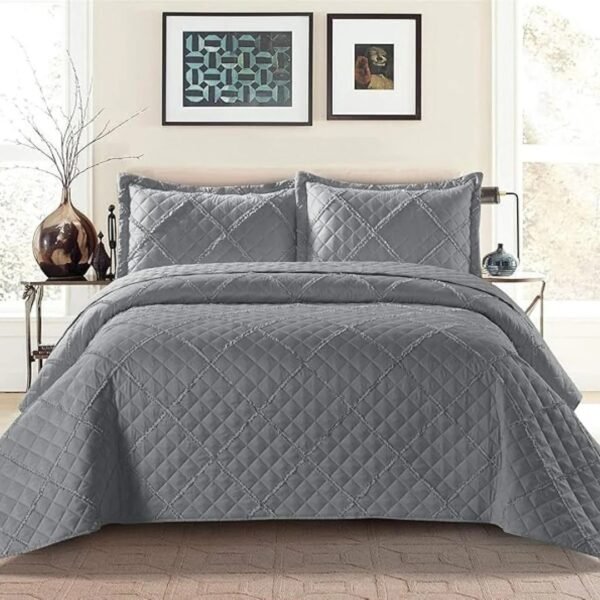 Grey – Lightweight Grey Embossed Quilted Ruffle Bedspread Comforter with Pillow Case