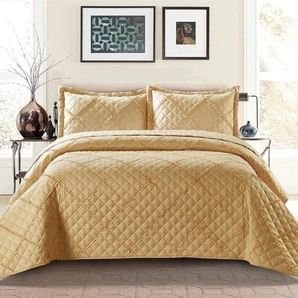Mustard – Lightweight Mustard Embossed Quilted Ruffle Bedspread Comforter with Pillow Case