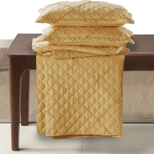 Mustard – Lightweight Mustard Embossed Quilted Ruffle Bedspread Comforter with Pillow Case