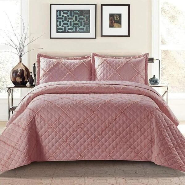 Pink – Lightweight Pink Embossed Quilted Ruffle Bedspread Comforter with Pillow Case