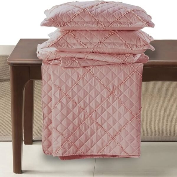 Pink – Lightweight Pink Embossed Quilted Ruffle Bedspread Comforter with Pillow Case