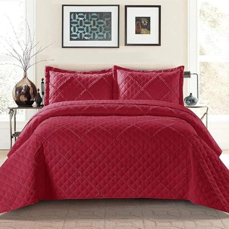 Red – Lightweight Red Embossed Quilted Ruffle Bedspread Comforter with Pillow Case