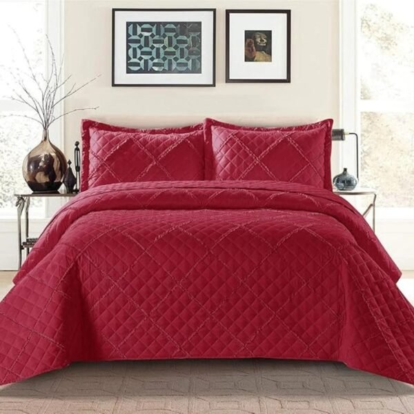 Red – Lightweight Red Embossed Quilted Ruffle Bedspread Comforter with Pillow Case