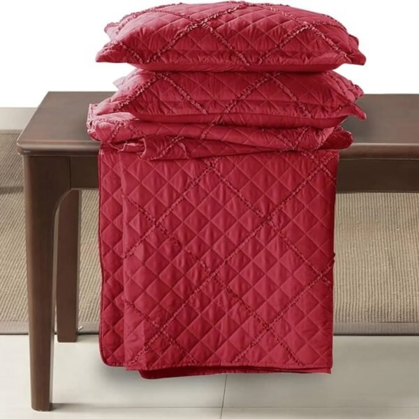 Red – Lightweight Red Embossed Quilted Ruffle Bedspread Comforter with Pillow Case
