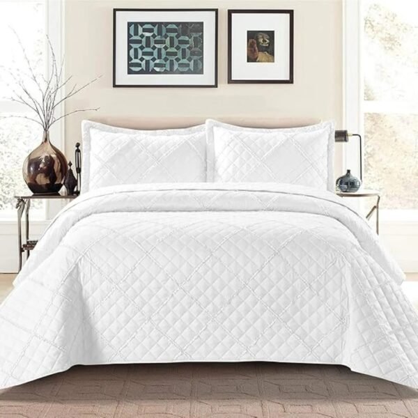 White – Lightweight White Embossed Quilted Ruffle Bedspread Comforter with Pillow Case