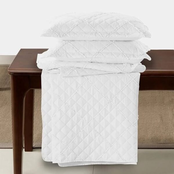 White – Lightweight White Embossed Quilted Ruffle Bedspread Comforter with Pillow Case