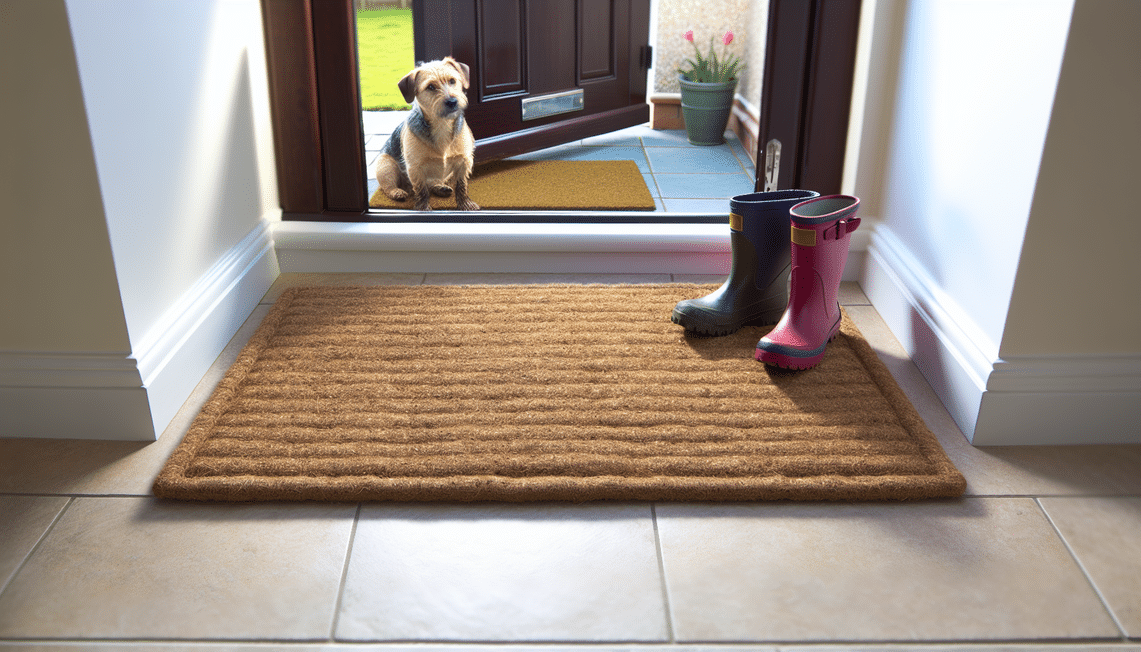 a uk home entrance with a thick doormat, small dog, and child's colorful wellington boots