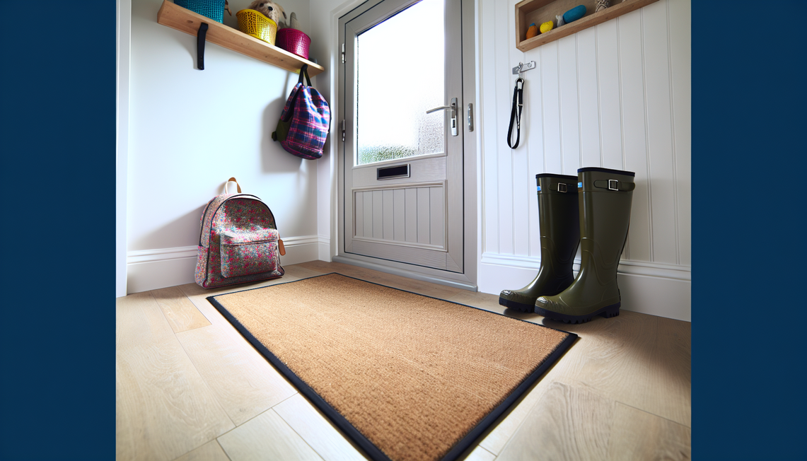 Stylish machine washable door mat in a clean, modern UK entryway with signs of a busy family life, like wellington boots and school bags.