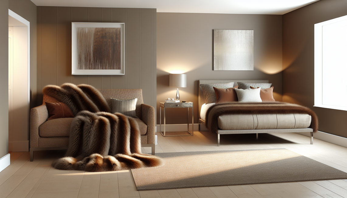 A luxurious faux fur throw draped elegantly over a modern British sofa and another folded neatly at the foot of a stylish UK king-size bed, showcasing different sizes and textures in a warm, inviting living room/bedroom setting with natural light.