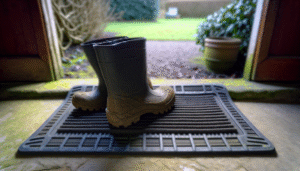 heavy-duty rubber mat with muddy wellington boots at a uk home's entryway