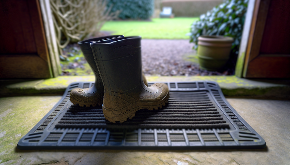 heavy-duty rubber mat with muddy wellington boots at a uk home's entryway