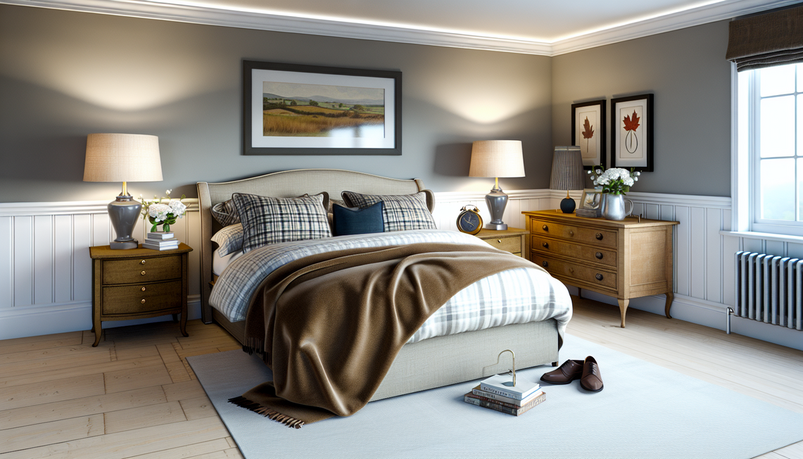 UK king size bed with a soft luxurious blanket in a warm, British style bedroom