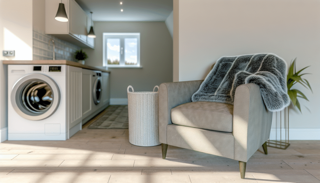 cozy faux fur throw on armchair in bright uk living room with laundry in background