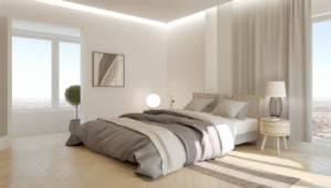 uk bedroom with reversible duvet cover showing geometric and solid warm grey sides