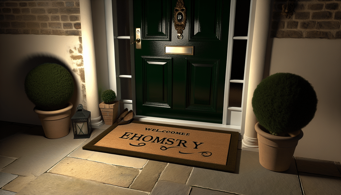 Personalised coir doormat at a classic British home entrance with a dark green door.