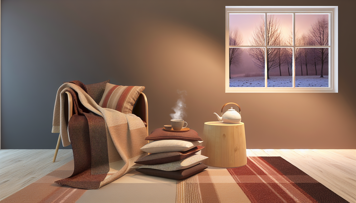 cozy uk living room with thick 2-ply and light single-layer blankets on sofa