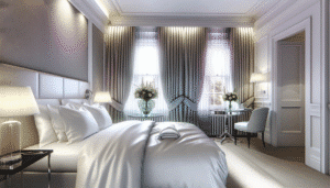luxurious white egyptian cotton bedding in a professional uk hotel room setting