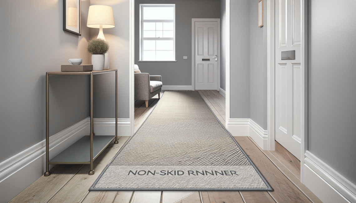 modern uk hallway with stable non-skid runner rug in natural light, stylish and safe