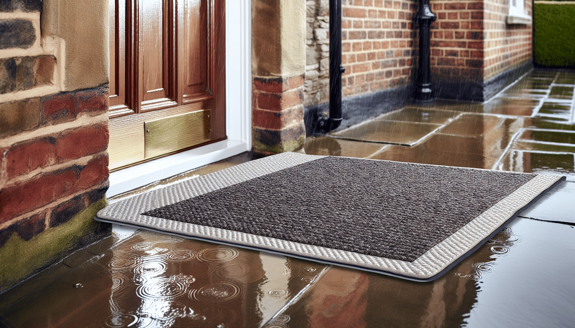 Outdoor mats protecting a British home's entrance from wet UK weather, showcasing durability