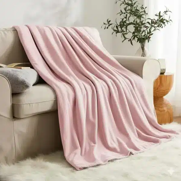 Charming blush pink faux fur blanket with soft fleece lining, great for adding warmth and elegance.