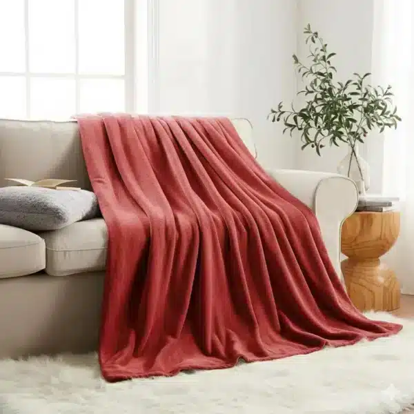 Vibrant red faux fur blanket with plush reversible fleece, adding warmth and color to any room.