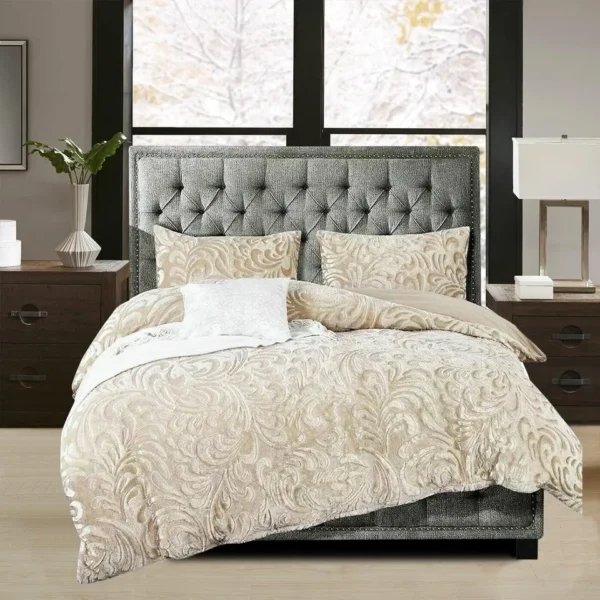 Super soft beige teddy fleece duvet cover set on a neatly made bed.