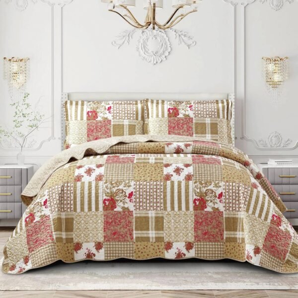 Quilted Floral Patchwork Bedspread with Pillow Case - Alvina Design