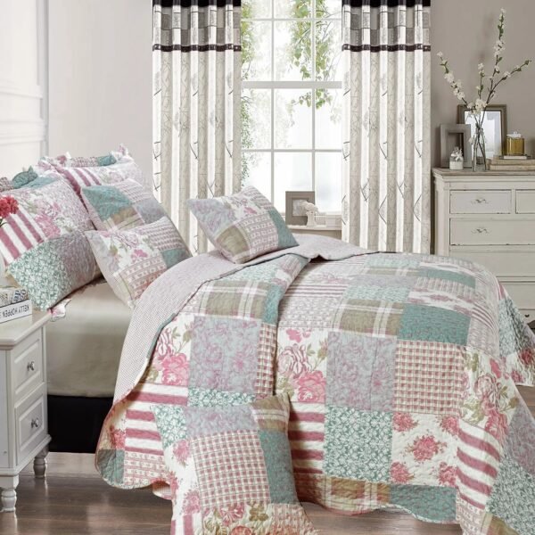 Quilted Floral Patchwork Bedspread with Pillow Case - Blossom Design