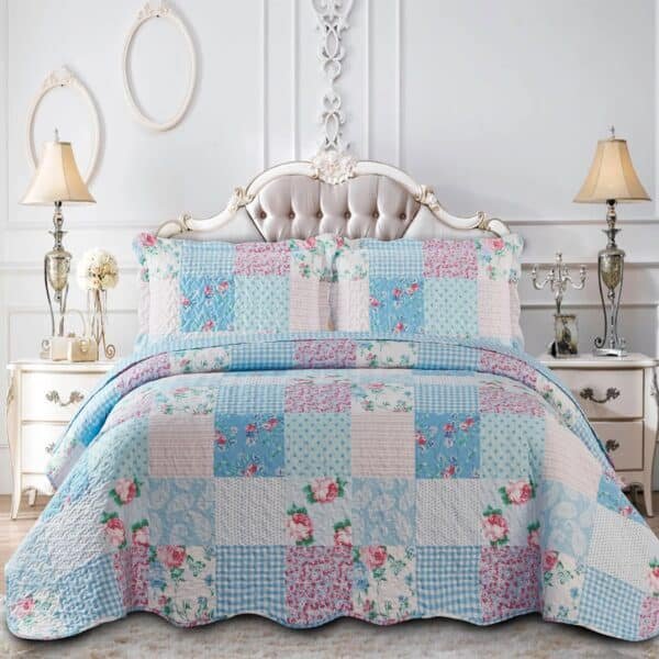 Luxury Floral Quilted Patchwork Embroidered Bedspread Comforter with Pillow Case