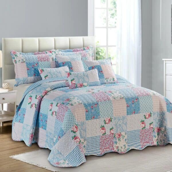 Luxury Floral Quilted Patchwork Embroidered Bedspread Comforter with Pillow Case