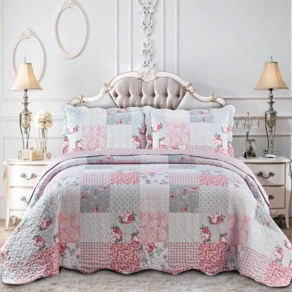 Luxury Floral Quilted Patchwork Embroidered Bedspread Comforter with Pillow Case