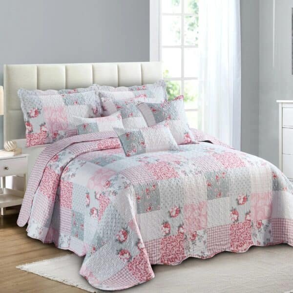 Luxury Floral Quilted Patchwork Embroidered Bedspread Comforter with Pillow Case