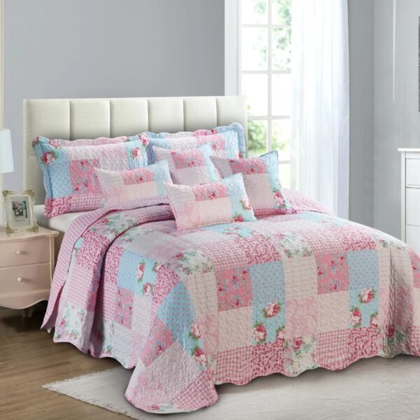 Luxury Floral Quilted Patchwork Embroidered Bedspread Comforter with Pillow Case