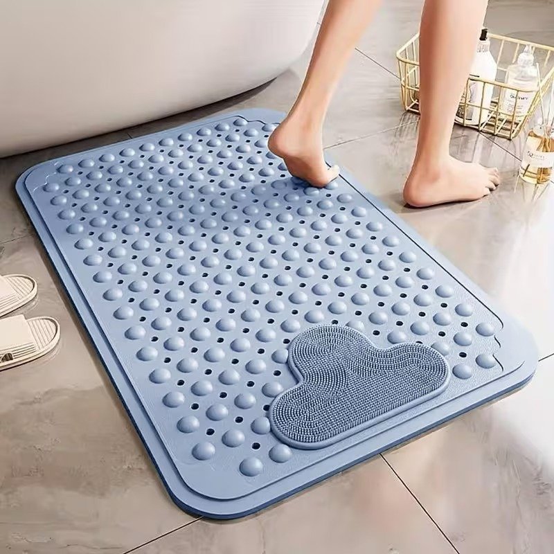 Blue shower mat non slip with suction cups and drain hole