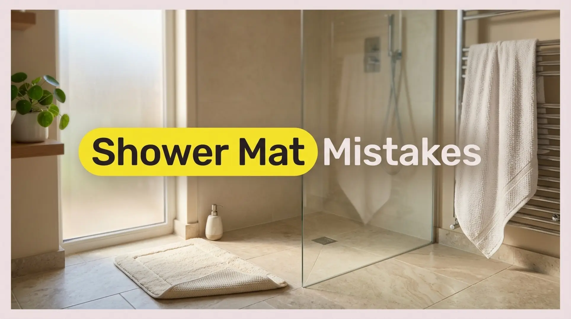 Clean, modern UK shower with a non-slip mat and "Shower Mat Mistakes" headline.