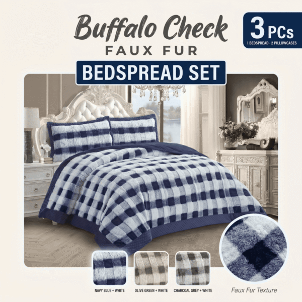 3 Piece Buffalo Check Faux Fur Quilted Bedspread Set UK Grey Blue Green Plush Velvet Rugstars UK