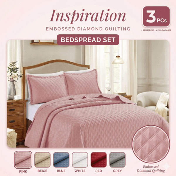 3 Piece Inspiration Quilted Bedspread Set UK Beige Blue Grey Pink Red White Pillow Shams Rugstars UK